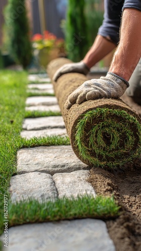 Laying Fresh Sod in a Garden Bed for a Lush Landscape Transformation.