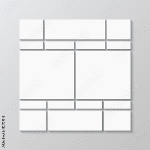 Portfolio images template. Mosaic picture frame. Moodboard grid. Album brandboard. Scrapbook mockup. Photo collage square layout. Mood board background. Gallery banner. Vector illustration