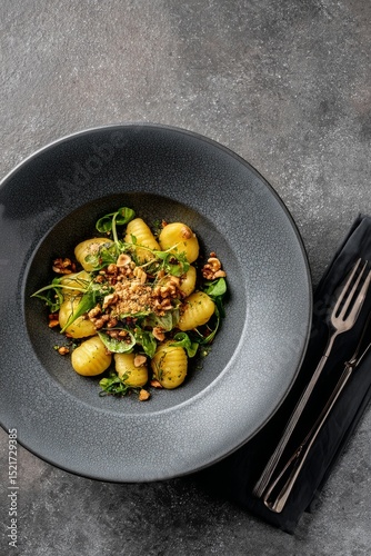 Delicious Gnocchi With Walnuts and Herbs Served on a Dark Plate.