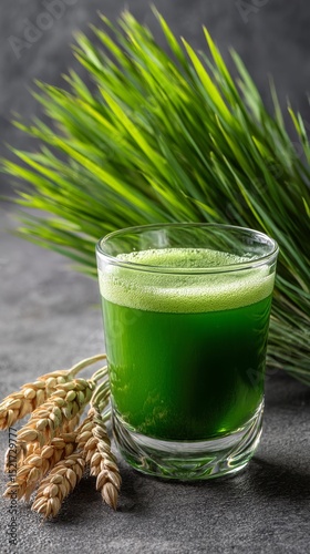Refreshing Green Drink Close to Fresh Wheatgrass and Healthy Grains on a Gray...
