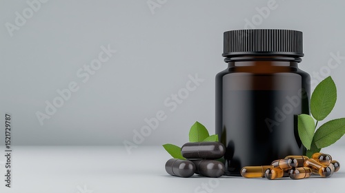 Supplement container mockup featuring a plain bottle and jar with herbal capsules and leaves