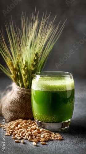 Fresh Green Juice Next to Wheatgrass in a Modern Kitchen Setting.