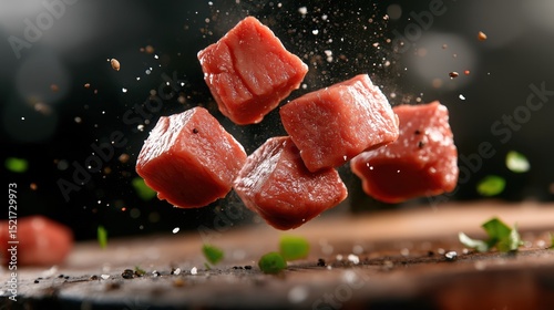 Dramatic close-up of fresh diced beef cubes soaring mid-air in a high-speed shot showcasing culinary motion