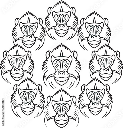 Stylized baboon head design pattern in black and white arranged in a circular floral arrangement for decoration