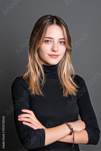Young Woman Poses Confidently Against a Minimalistic Gray Backdrop With Her A...