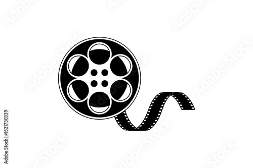 A black and white film reel with trailing filmstrip