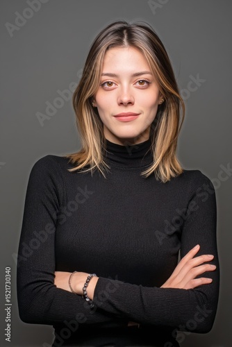 Confident Young Woman Posing in Black Turtleneck Against Dark Background in M...