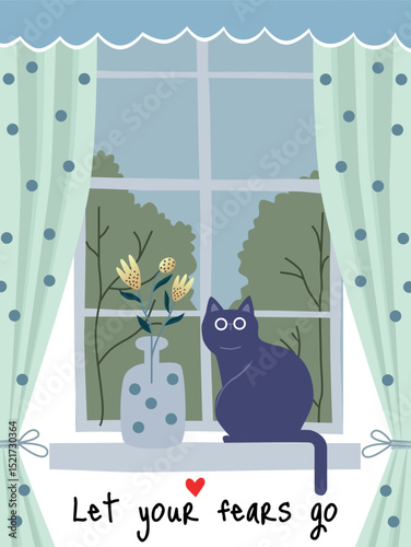Illustration of a calm cat sitting on a windowsill beside a vase with flowers, framed by polka-dot curtains.