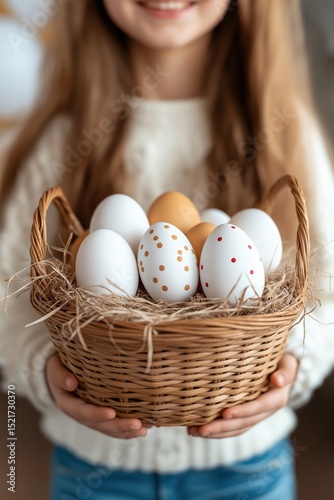 Festive Easter celebration with kids holding colorful eggs and enjoying bright decorations