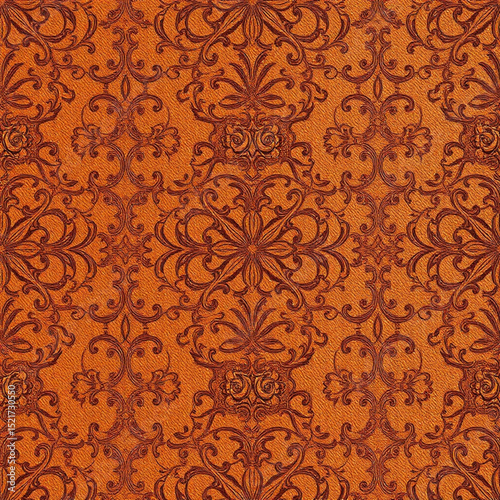 Detailed orange damask pattern with intricate floral and scrollwork designs creating a rich texture created with generated ai