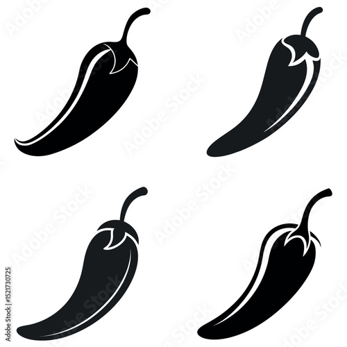 Four Black Silhouette Chili Peppers on White Background, Vegetable Icons