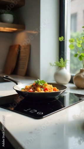 A modern induction cooker sits on a sleek countertop, ready to prepare a delicious meal indoors Clean lines, minimalist design, culinary preparation , stainless steel, energy efficient, cooking