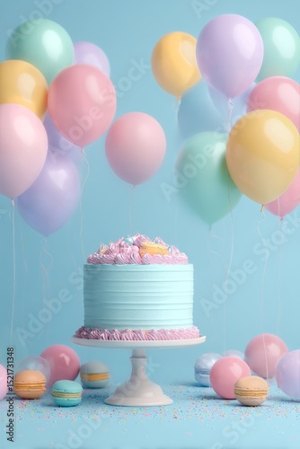 Celebration Cake With Pastel Balloons and Macarons for a Joyful Party Atmosphere