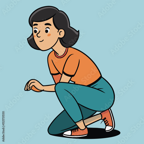 A woman kneels, looking at something small, conveying curiosity, tenderness, or focused attention.
