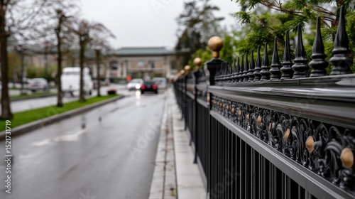 Wallpaper Mural Black metal fence with ornate details lines a green lawn at an industrial park, captured in a side view during springtime Torontodigital.ca