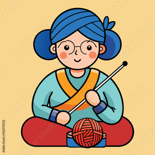 A woman knits, holding needles and yarn, symbolizing creativity, hobby, and cozy craftsmanship.