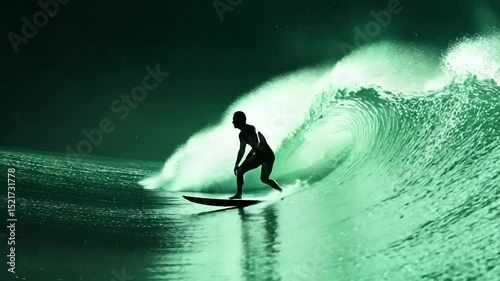 Surfer on a glowing green wave at night