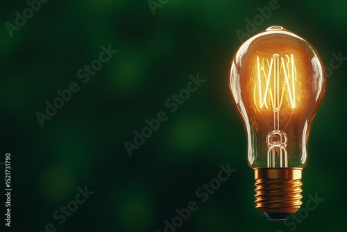 Bright Light Bulb Glowing Against a Dark Green Background Showcasing Intricat...