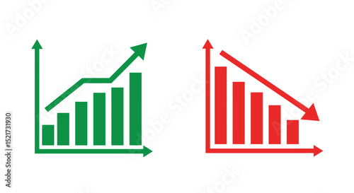 Graph going Up and Down sign with green and red arrows vector. Flat design vector illustration concept of sales bar chart symbol icon with arrow moving down and sales bar chart with arrow moving up.