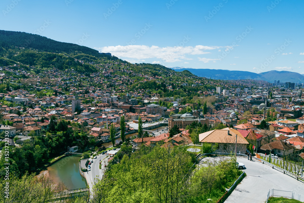 Obraz premium Aerial view of Sarajevo downtown in the spring, the capital of Bosnia and Herzegovina