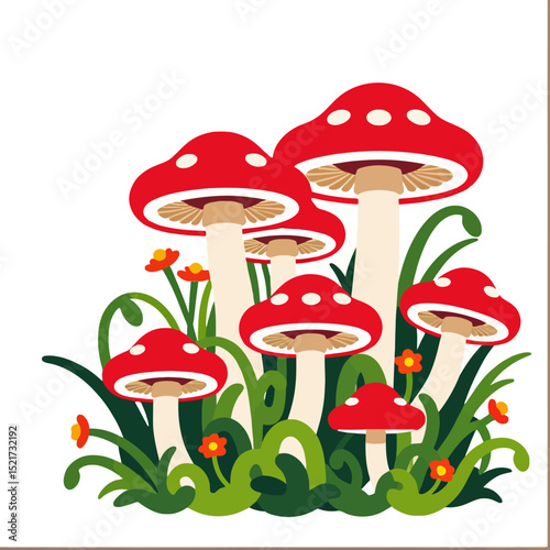 Amanita Mushroom Patch Illustration-Whimsical Fungi with Red Caps and White Spots-Enchanting Forest Floor Scene-Mushroom Art for Nature Lovers-Botanical Illustration