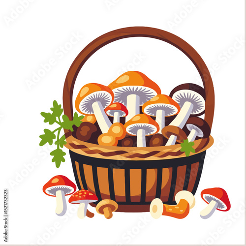 Cartoon Basket of Mushrooms Illustration- Forest Harvest Graphic- Edible Fungi and Colorful Toadstools- Autumn Foraging Design- Nature Inspired Art