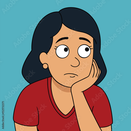 A woman looks bored with her hand on her cheek, expressing weariness, disinterest, and languor.