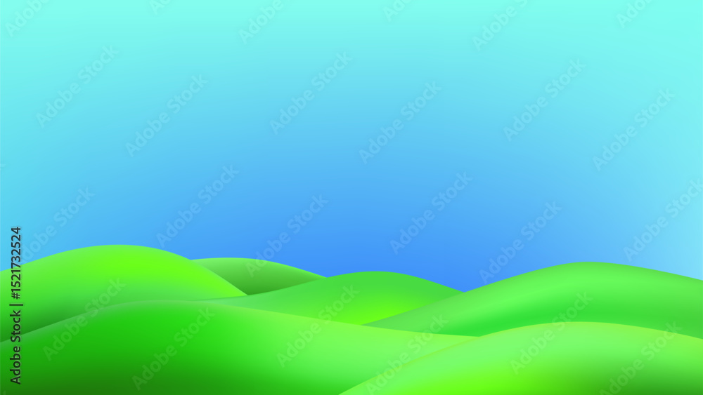 Obraz premium 3D landscape with green hills, mountains, and a textured grass field creates a playful eco friendly park scene.Childish vector illustration.