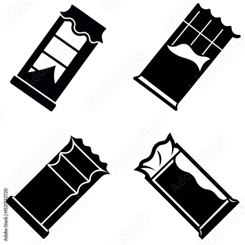 Four Black and White Chocolate Bar Icons Open Wrapper, Individual Squares, Delicious Treat