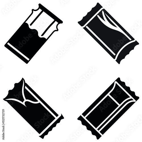 Four Black and White Chocolate Bar Icons with Different Wrapper Styles Isolated