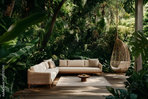 Cozy Outdoor Seating Area Surrounded by Lush Greenery in a Peaceful Garden Se...