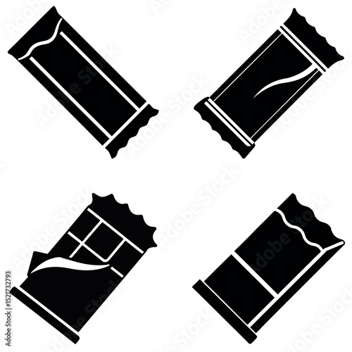 Four Black and White Chocolate Bar Illustrations Wrapped, Unwrapped, and Broken Pieces Displayed