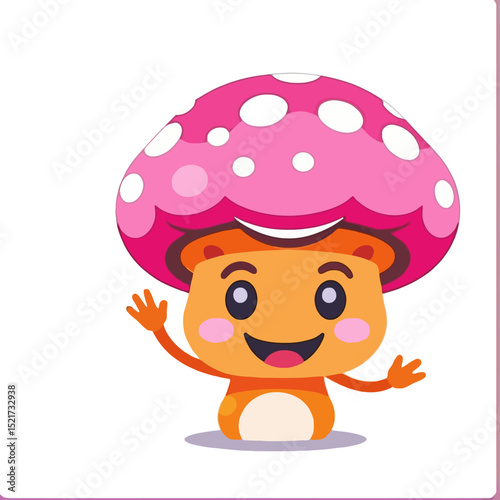 Cute Mushroom Cartoon Character Illustration- Smiling Fungus with Pink Polka Dot Cap- Children's Book Design- Woodland Creature Art- Whimsical Nature Graphic