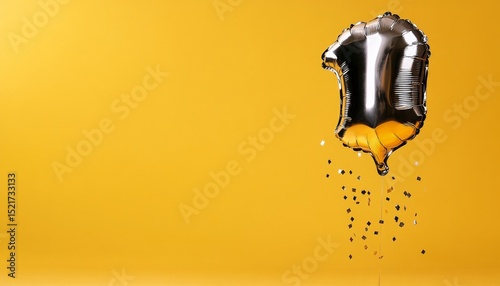 Silver Balloon Shaped Like Number One Hanging Against a Yellow Background Wit...