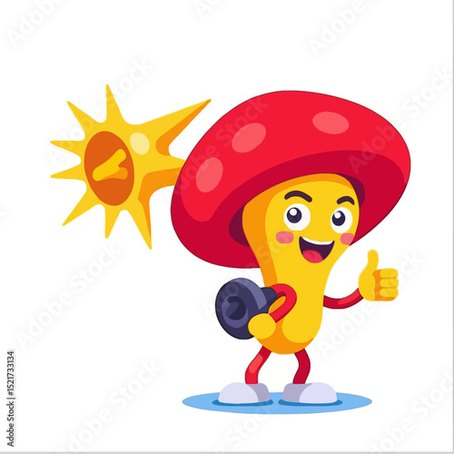 Happy Mushroom Character with Red Cap Giving Thumbs Up-Cute Cartoon Fungus Holding Dumbbell-Funny Mascot for Fitness or Healthy Eating-Illustration for Kids