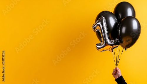 Silver Balloon Shaped Like Number One Hanging Against a Yellow Background Wit...