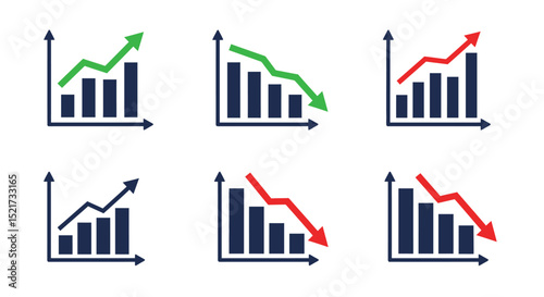 Set growth graphs charts line icons set. Data elements, bar and pie, diagrams for business infographics. Visualization of data statistic and analytics. Financial rise up. Increase profit.