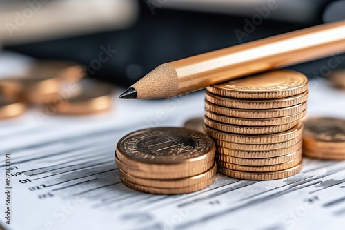 Close-up of coins and budgeting tools highlighting the significance of effective financial planning and saving strategies