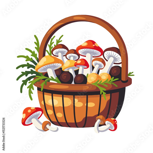 Mushroom Basket Illustration-Colorful Fungi in Wicker Basket-Autumn Harvest Graphic-Forest Foraging Theme-Cute Mushroom Clipart-Whimsical Fungi Art-Mushroom Season Image
