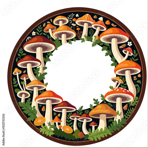 Mushroom Art Illustration- Whimsical Mushroom Circle with Text- Foraging and Fungi Decor- Autumn Harvest Season Art- Edible and Poisonous Mushrooms- Nature Illustration