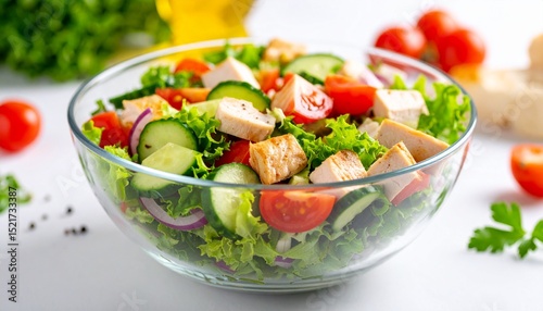 Fresh vegetable and chicken breast salad in a glass bowl