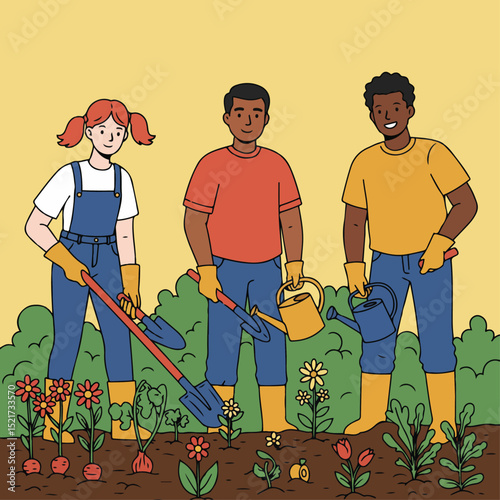 Gardening team planting flowers and vegetables in garden. Happy gardeners working together, using gardening tools and watering cans. Spring gardening concept for blogs, websites, and social media.