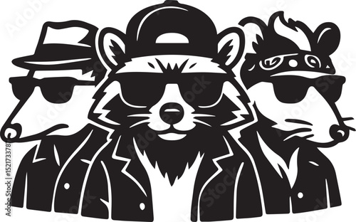 black and white cartoon illustration of raccoon, possum, skunk