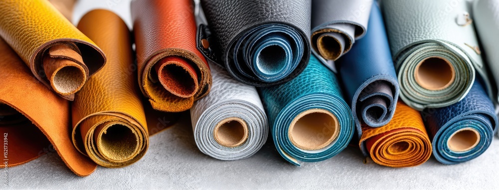 A collection of leather rolls in various colors laid out on a dark wood surface, showcasing texture and craftsmanship with soft shadows A collection of leather rolls in various colors laid out on a dark wood surface, showcasing texture and craftsmanship with soft shadows