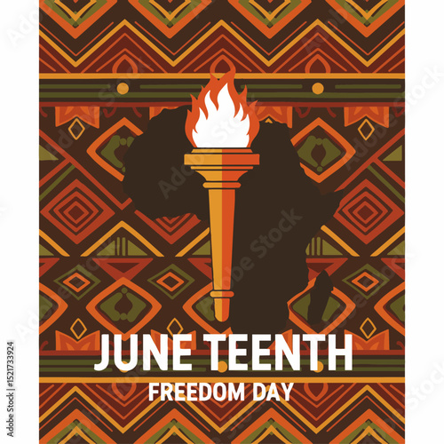 Juneteenth Freedom Day celebration design with African map and burning torch. Juneteenth Freedom Day graphic features traditional African patterns.
