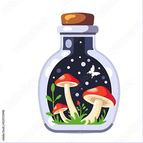 Mushroom Magic in a Bottle- Whimsical Forest Scene with Toadstools and Butterfly- Enchanted Terrarium Illustration- Nature Inspired Art- Fantasy Decor