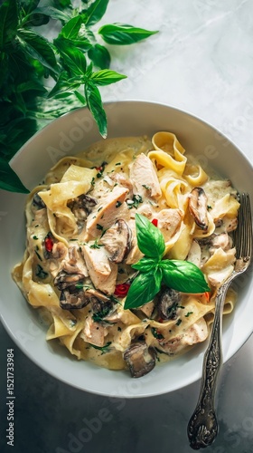Creamy Chicken Fettuccine With Mushrooms and Fresh Basil in a Bowl on Marble ...