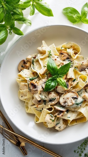 Creamy Chicken and Mushroom Pasta Served With Fresh Basil on a White Plate in...