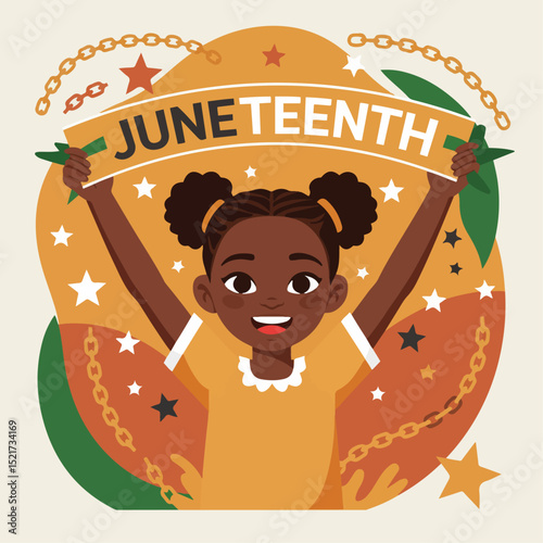 Happy Juneteenth celebration with little girl holding banner. Juneteenth is a significant holiday commemorating freedom and liberation. This Juneteenth illustration is perfect for social media posts,