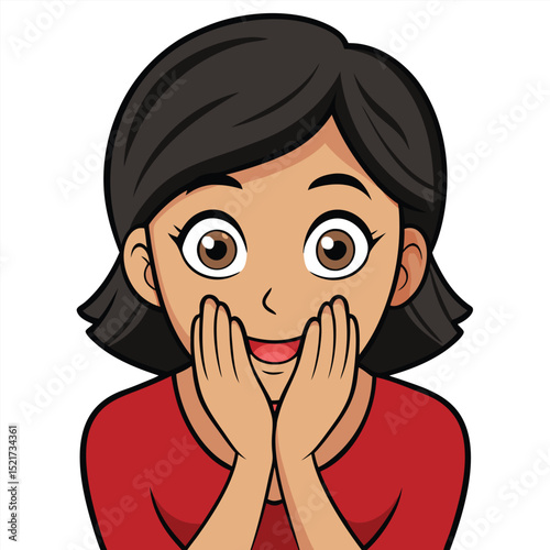 A woman looks shy, peeking from behind her hands, conveying bashfulness, innocence, and modesty.
